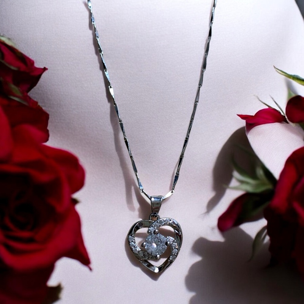 Sterling Silver and CZ Heart Pendant Necklace with unique bar chain